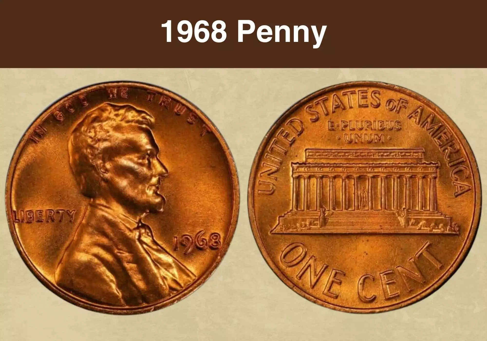 1968 Lincoln Memorial penny obverse and reverse showing the date, mint mark area, and Lincoln Memorial design