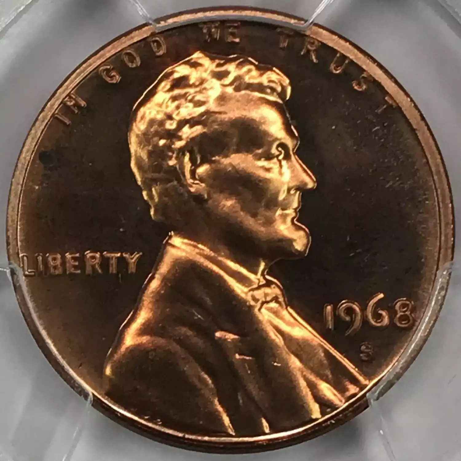 1968-S Proof DDO FS-101 close-up showing doubled LIBERTY letters under magnification