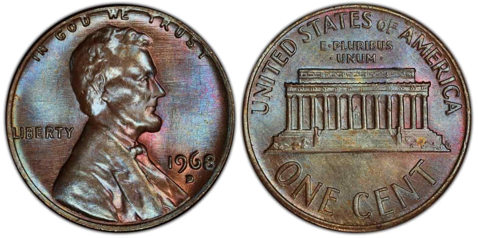 Group of 1968 Lincoln cents from Philadelphia, Denver, and San Francisco mints showing no mint mark, D, and S varieties